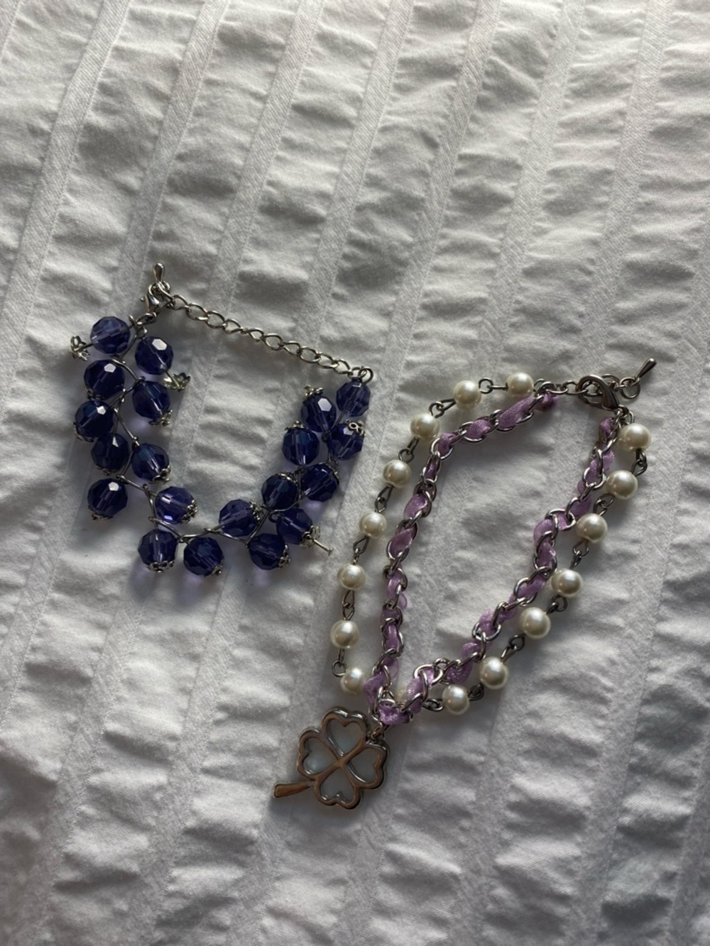 Purple Beaded Bracelet Set with Pearl Chain and Clover Charm